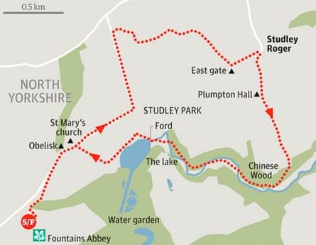 A family walk through the grounds of Fountain Abbey, North Yorkshire