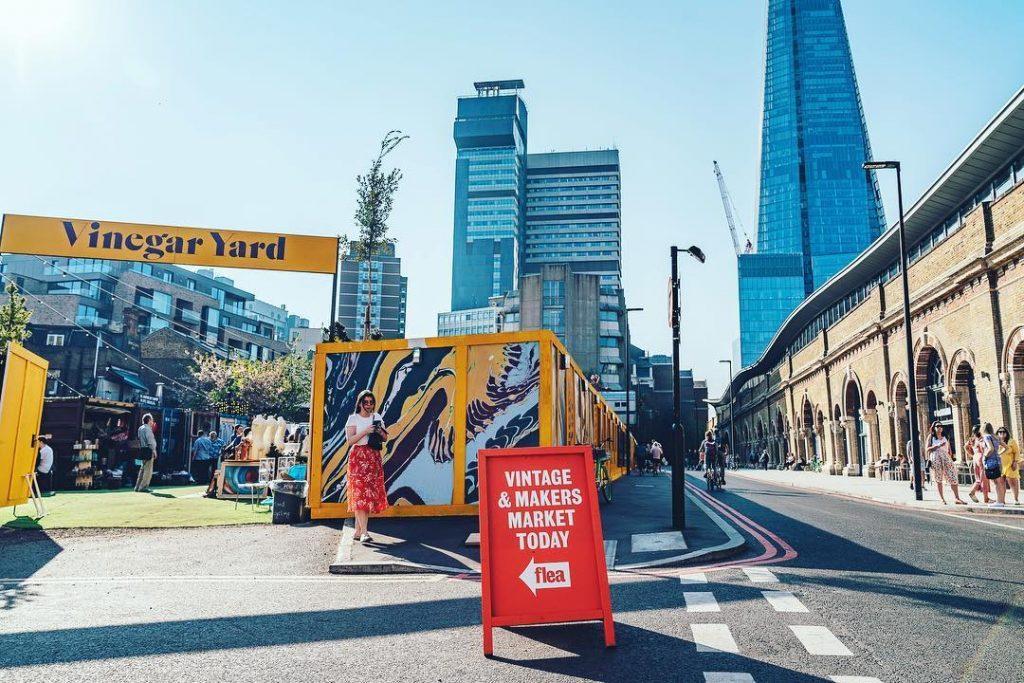 A photo of Vinegar Yard with The Shard in the background, site of Flea – one of the best weekend markets in London