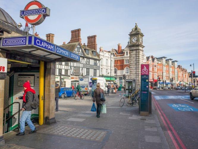 The exterior of Clapham Common station where the Clapham pub crawl occurs