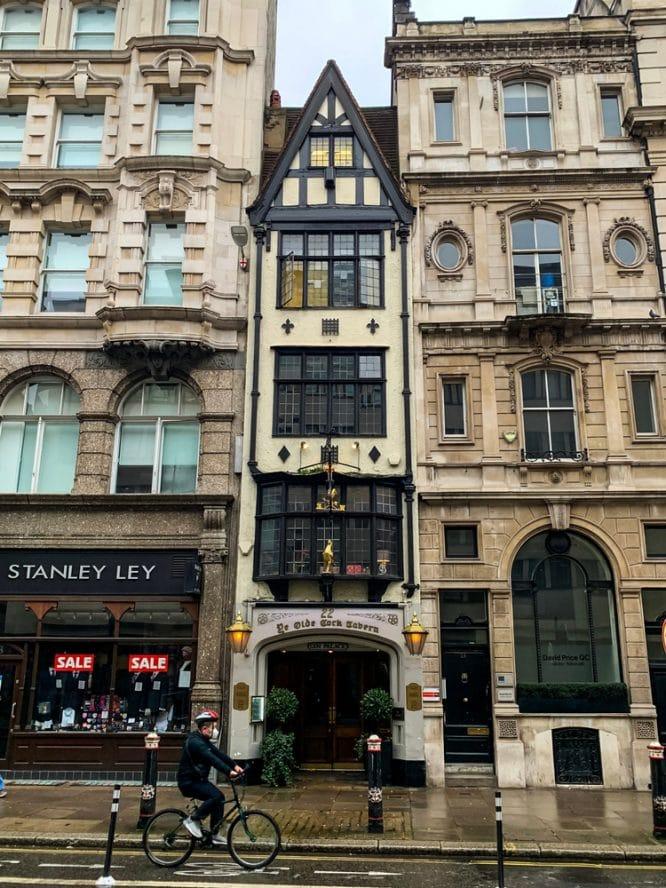 The tiny and thin exterior of Ye Olde Cock Tavern in Fleet Street, London