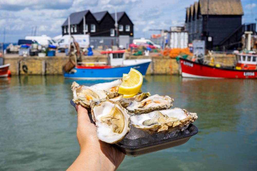 A delicious platter of oysters being eaten in front of the marina at Whitstable