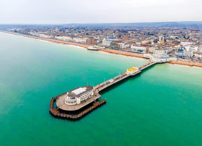 An aerial view of Worthing Pier and Worthing in West Sussex