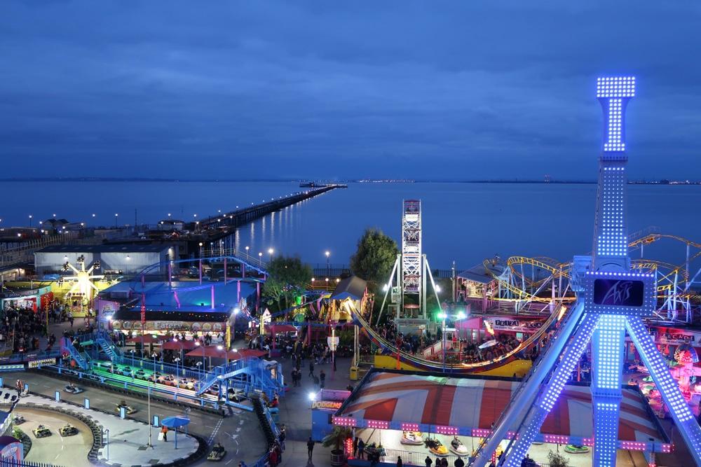 The Adventure Island theme park at night in Southend